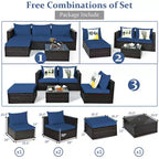 5-teiliges Outdoor-Rattanmöbel-Set, Sofa-Garnitur mit Couchtisch, Rot/Navy
