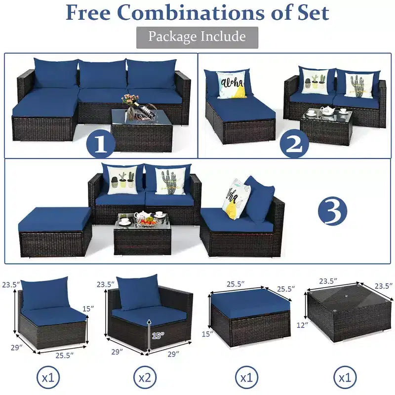 5-teiliges Outdoor-Rattanmöbel-Set, Sofa-Garnitur mit Couchtisch, Rot/Navy