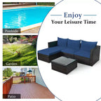 5-teiliges Outdoor-Rattanmöbel-Set, Sofa-Garnitur mit Couchtisch, Rot/Navy