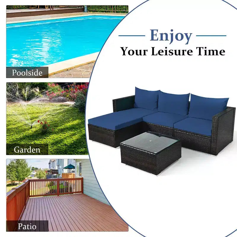 5-teiliges Outdoor-Rattanmöbel-Set, Sofa-Garnitur mit Couchtisch, Rot/Navy