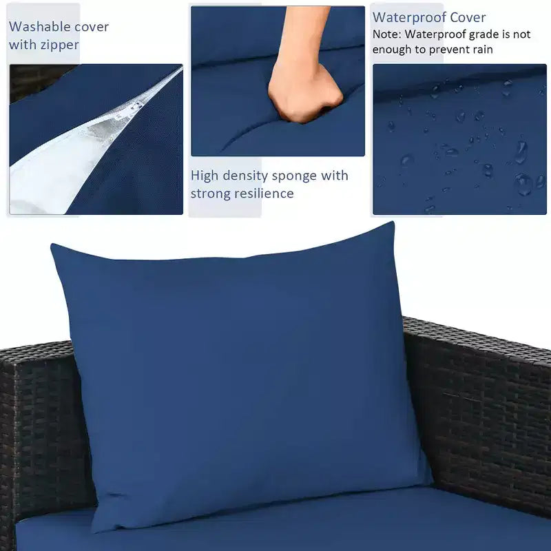5-teiliges Outdoor-Rattanmöbel-Set, Sofa-Garnitur mit Couchtisch, Rot/Navy