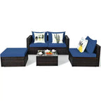 5-teiliges Outdoor-Rattanmöbel-Set, Sofa-Garnitur mit Couchtisch, Rot/Navy