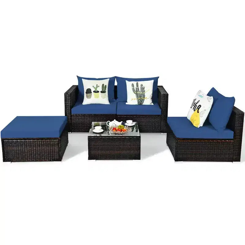 5-teiliges Outdoor-Rattanmöbel-Set, Sofa-Garnitur mit Couchtisch, Rot/Navy