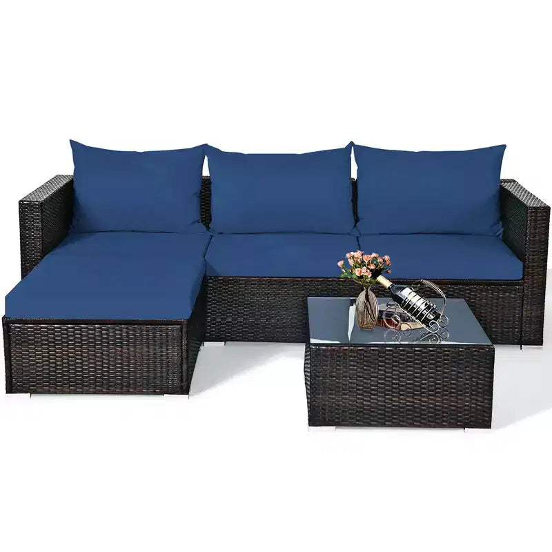 5-teiliges Outdoor-Rattanmöbel-Set, Sofa-Garnitur mit Couchtisch, Rot/Navy