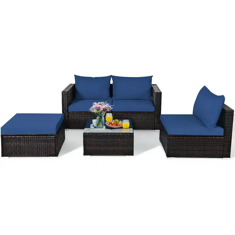 5-teiliges Outdoor-Rattanmöbel-Set, Sofa-Garnitur mit Couchtisch, Rot/Navy