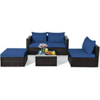 5-teiliges Outdoor-Rattanmöbel-Set, Sofa-Garnitur mit Couchtisch, Rot/Navy