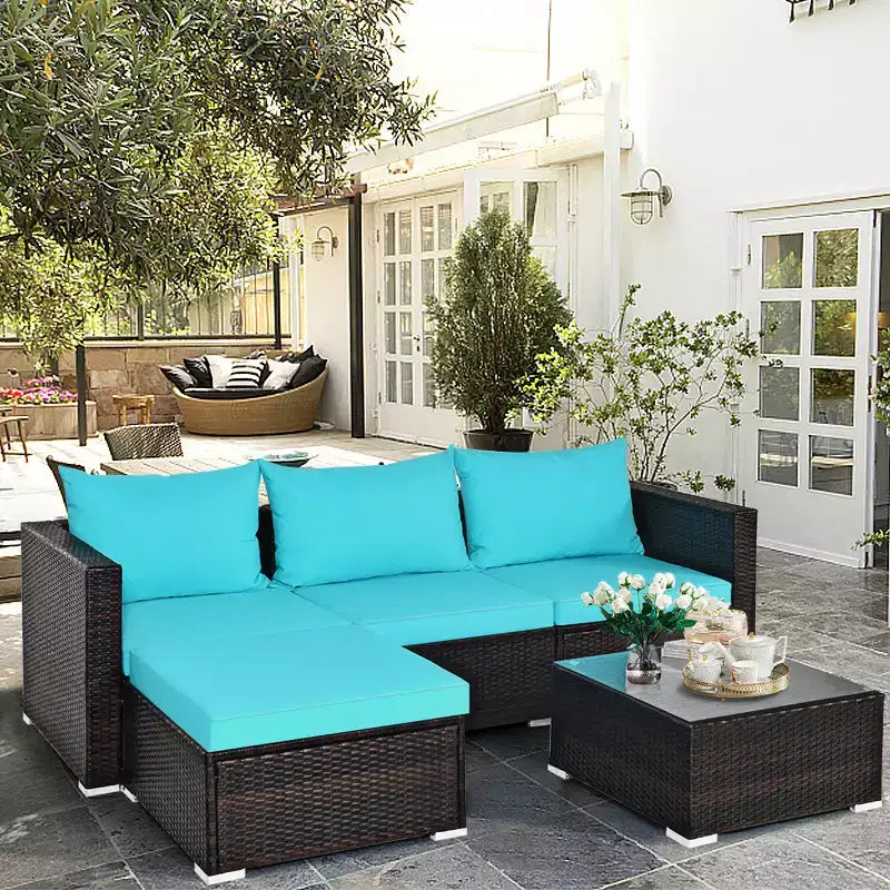 5-teiliges Outdoor-Rattanmöbel-Set, Sofa-Garnitur mit Couchtisch, Rot/Navy