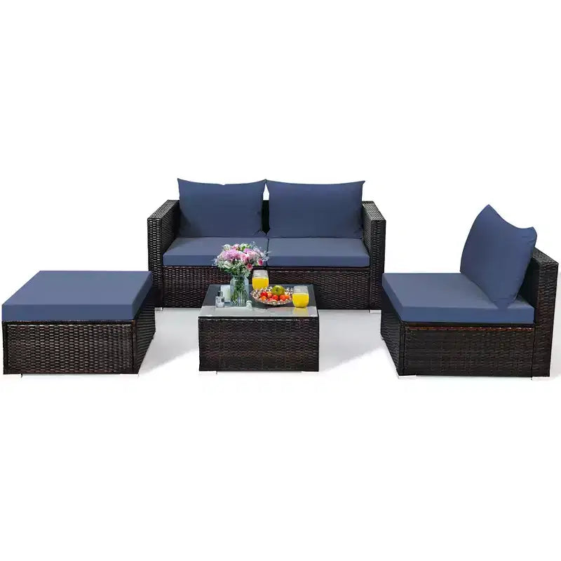 5-teiliges Outdoor-Rattanmöbel-Set, Sofa-Garnitur mit Couchtisch, Rot/Navy