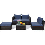 5-teiliges Outdoor-Rattanmöbel-Set, Sofa-Garnitur mit Couchtisch, Rot/Navy