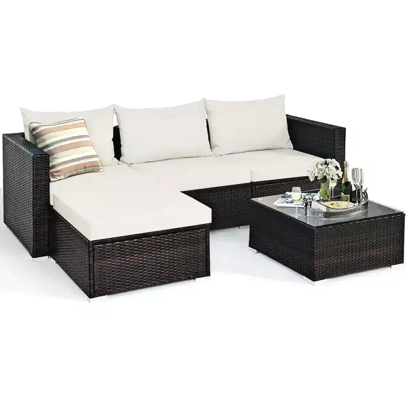 5-teiliges Outdoor-Rattanmöbel-Set, Sofa-Garnitur mit Couchtisch, Rot/Navy
