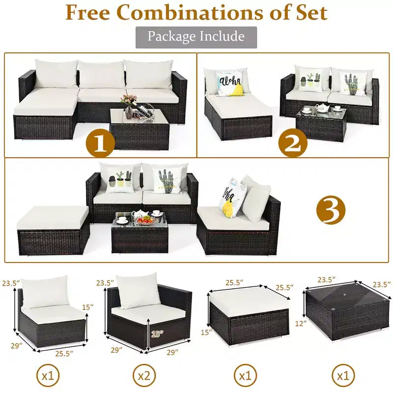 5-teiliges Outdoor-Rattanmöbel-Set, Sofa-Garnitur mit Couchtisch, Rot/Navy
