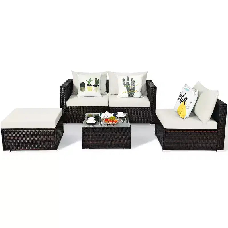 5-teiliges Outdoor-Rattanmöbel-Set, Sofa-Garnitur mit Couchtisch, Rot/Navy