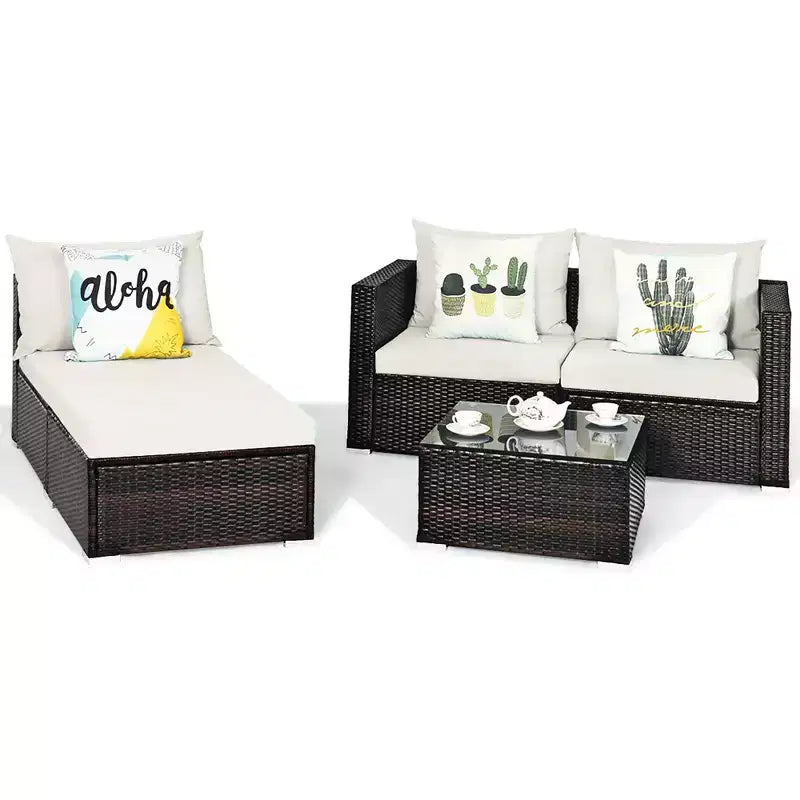 5-teiliges Outdoor-Rattanmöbel-Set, Sofa-Garnitur mit Couchtisch, Rot/Navy