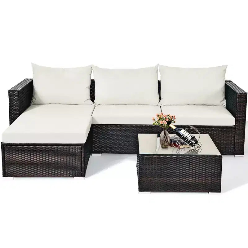 5-teiliges Outdoor-Rattanmöbel-Set, Sofa-Garnitur mit Couchtisch, Rot/Navy