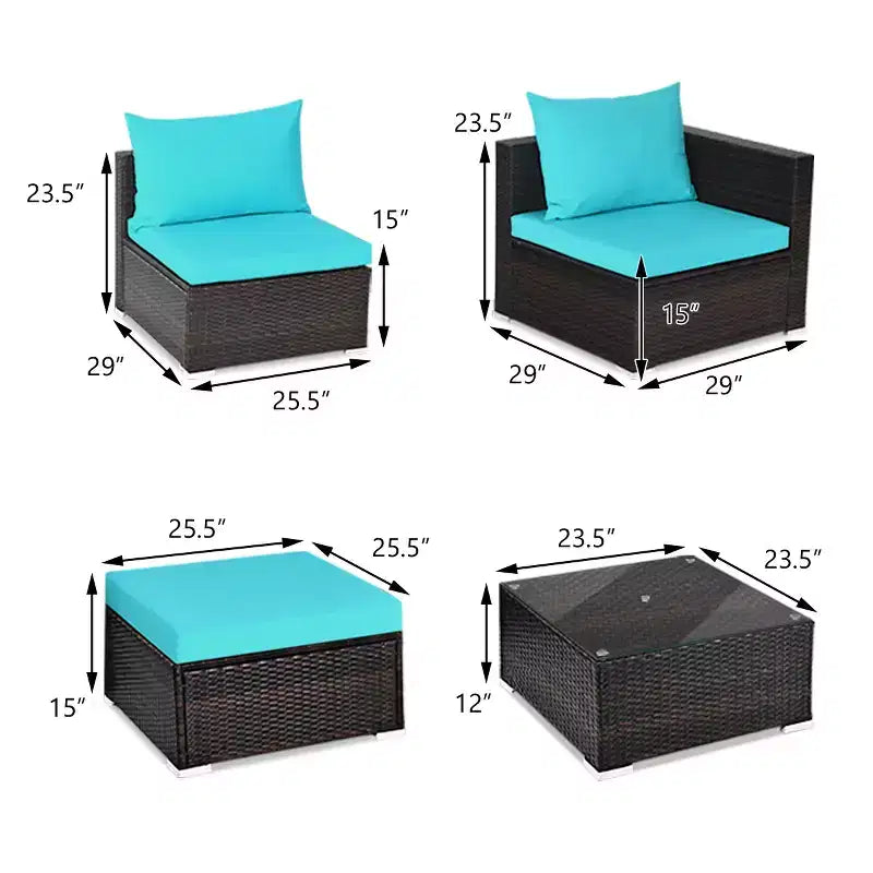 5-teiliges Outdoor-Rattanmöbel-Set, Sofa-Garnitur mit Couchtisch, Rot/Navy