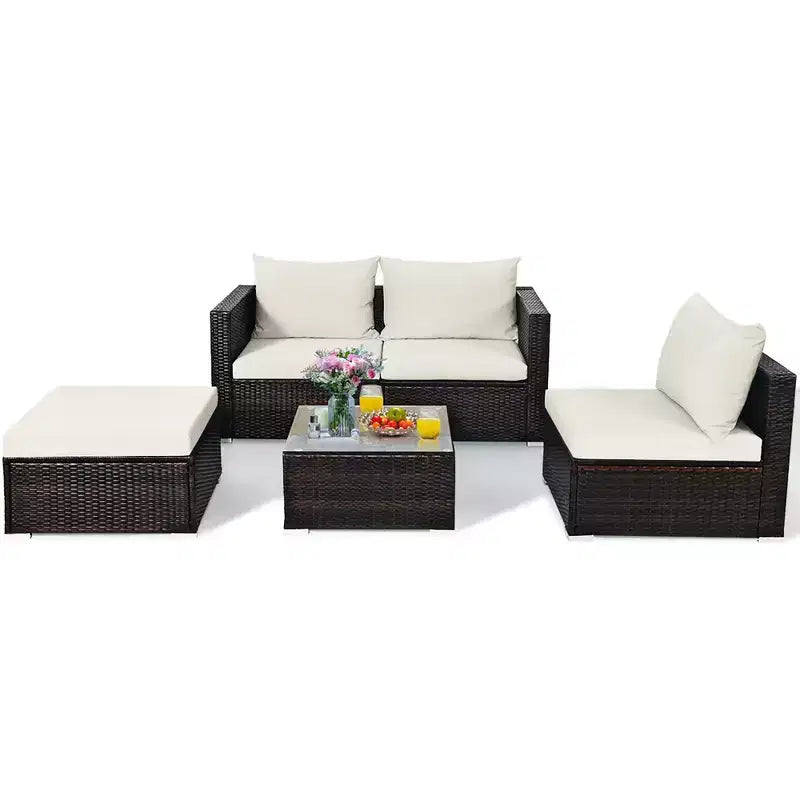 5-teiliges Outdoor-Rattanmöbel-Set, Sofa-Garnitur mit Couchtisch, Rot/Navy