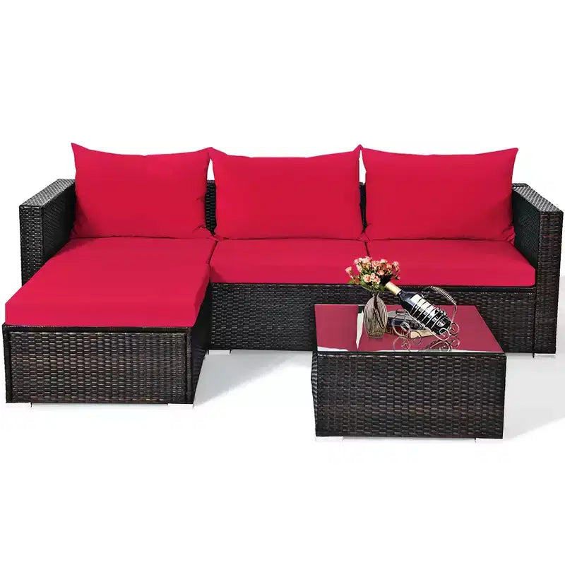 5-teiliges Outdoor-Rattanmöbel-Set, Sofa-Garnitur mit Couchtisch, Rot/Navy