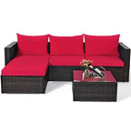 5-teiliges Outdoor-Rattanmöbel-Set, Sofa-Garnitur mit Couchtisch, Rot/Navy