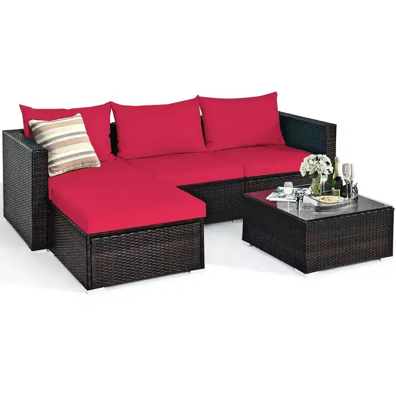 5-teiliges Outdoor-Rattanmöbel-Set, Sofa-Garnitur mit Couchtisch, Rot/Navy