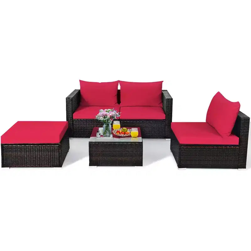 5-teiliges Outdoor-Rattanmöbel-Set, Sofa-Garnitur mit Couchtisch, Rot/Navy