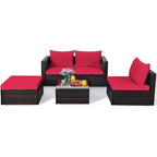 5-teiliges Outdoor-Rattanmöbel-Set, Sofa-Garnitur mit Couchtisch, Rot/Navy