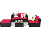 5-teiliges Outdoor-Rattanmöbel-Set, Sofa-Garnitur mit Couchtisch, Rot/Navy