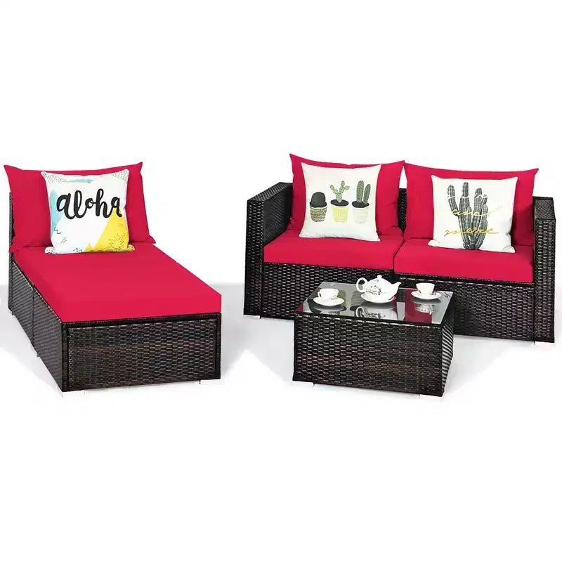 5-teiliges Outdoor-Rattanmöbel-Set, Sofa-Garnitur mit Couchtisch, Rot/Navy