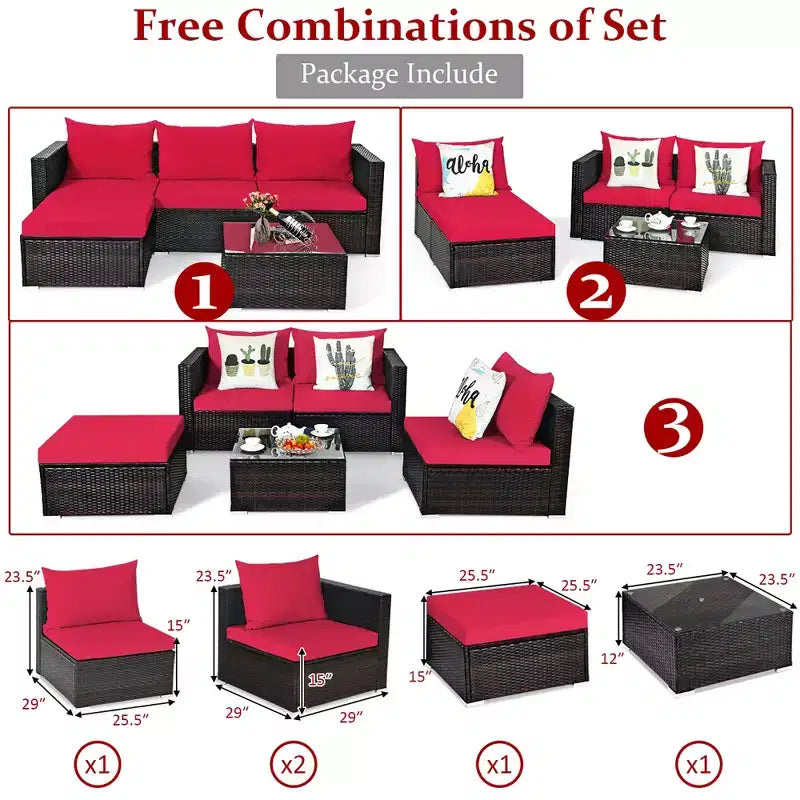 5-teiliges Outdoor-Rattanmöbel-Set, Sofa-Garnitur mit Couchtisch, Rot/Navy