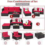 5-teiliges Outdoor-Rattanmöbel-Set, Sofa-Garnitur mit Couchtisch, Rot/Navy