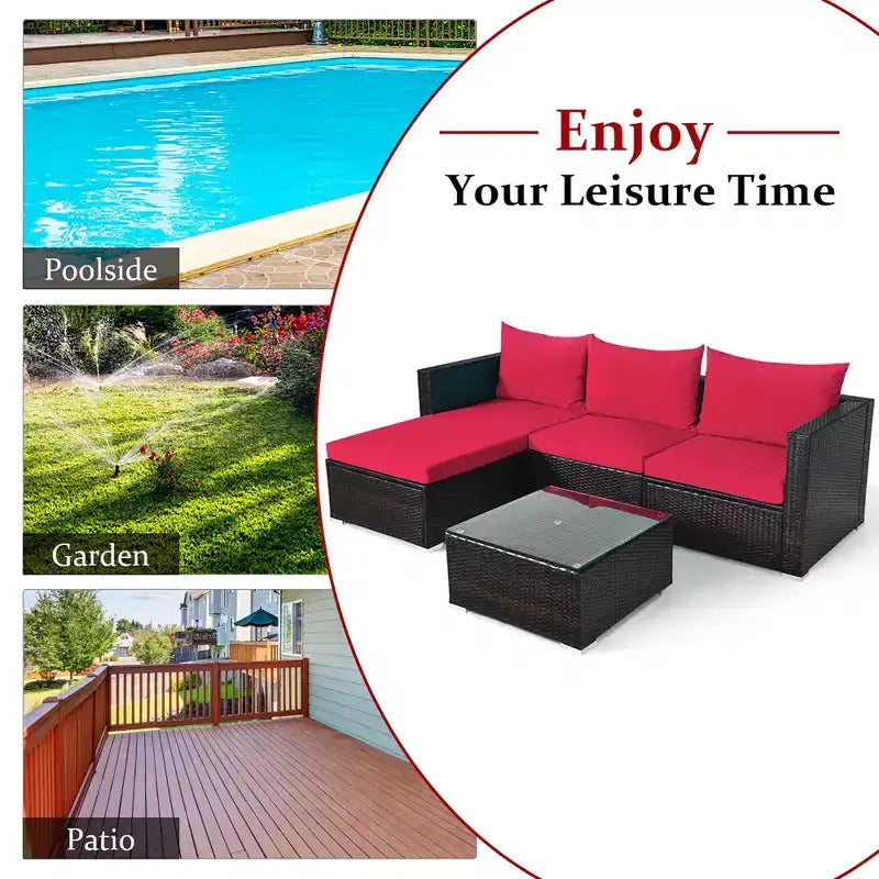 5-teiliges Outdoor-Rattanmöbel-Set, Sofa-Garnitur mit Couchtisch, Rot/Navy