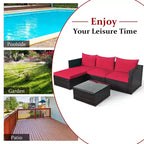 5-teiliges Outdoor-Rattanmöbel-Set, Sofa-Garnitur mit Couchtisch, Rot/Navy