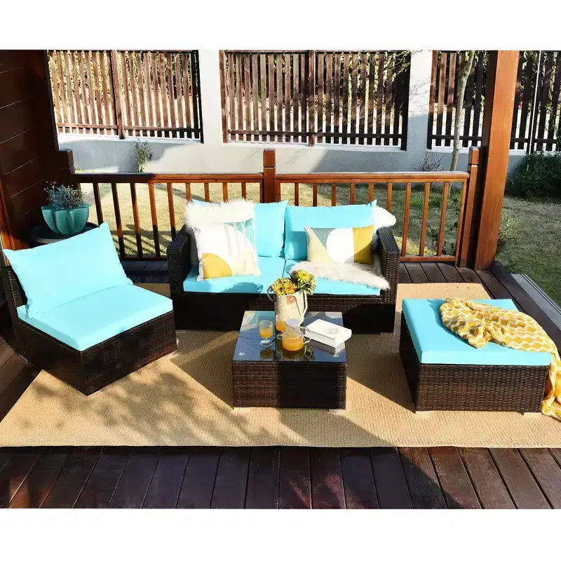 5-teiliges Outdoor-Rattanmöbel-Set, Sofa-Garnitur mit Couchtisch, Rot/Navy