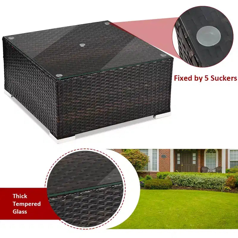 5-teiliges Outdoor-Rattanmöbel-Set, Sofa-Garnitur mit Couchtisch, Rot/Navy