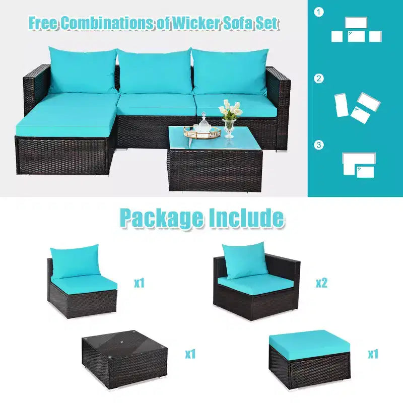 5-teiliges Outdoor-Rattanmöbel-Set, Sofa-Garnitur mit Couchtisch, Rot/Navy