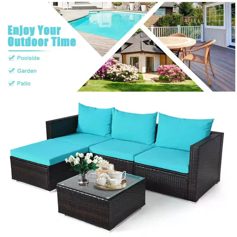 5-teiliges Outdoor-Rattanmöbel-Set, Sofa-Garnitur mit Couchtisch, Rot/Navy