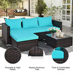 5-teiliges Outdoor-Rattanmöbel-Set, Sofa-Garnitur mit Couchtisch, Rot/Navy