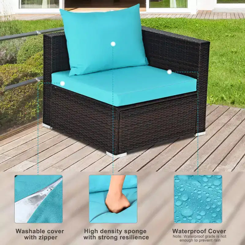 5-teiliges Outdoor-Rattanmöbel-Set, Sofa-Garnitur mit Couchtisch, Rot/Navy