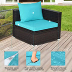 5-teiliges Outdoor-Rattanmöbel-Set, Sofa-Garnitur mit Couchtisch, Rot/Navy