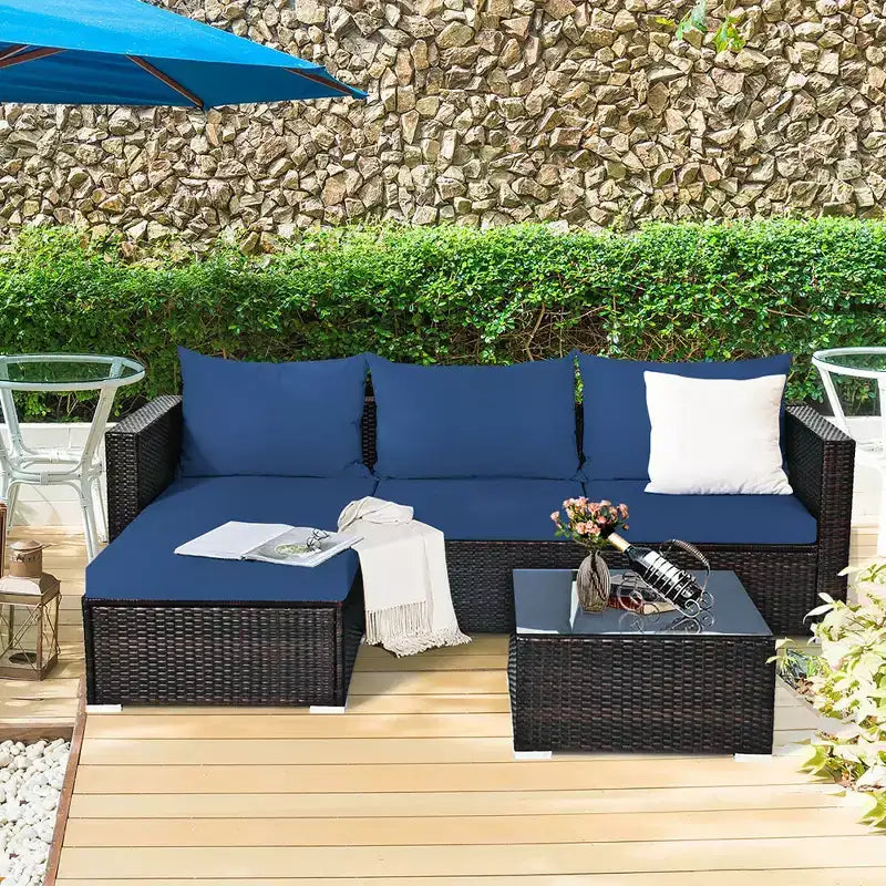 5-teiliges Outdoor-Rattanmöbel-Set, Sofa-Garnitur mit Couchtisch, Rot/Navy