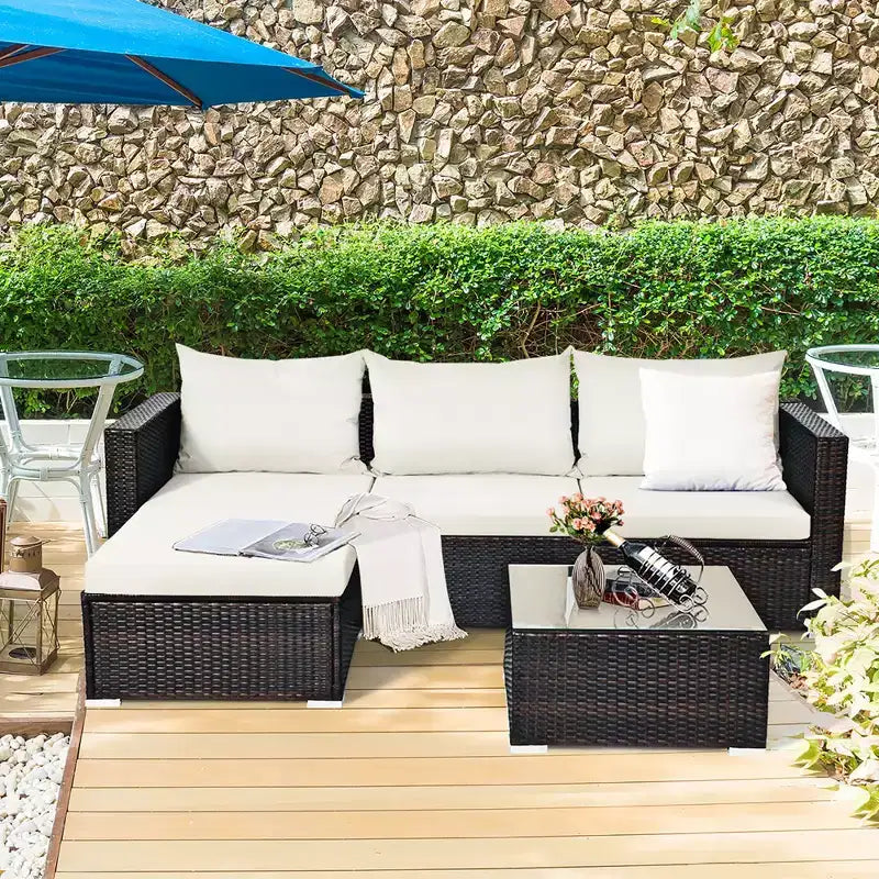 5-teiliges Outdoor-Rattanmöbel-Set, Sofa-Garnitur mit Couchtisch, Rot/Navy