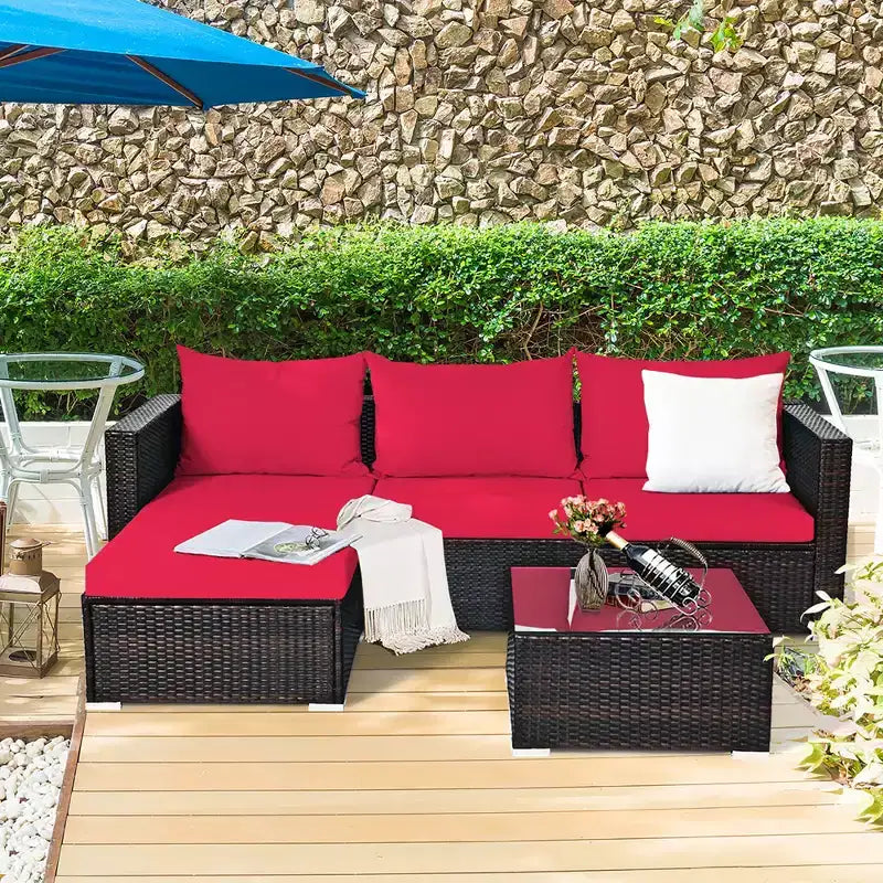 5-teiliges Outdoor-Rattanmöbel-Set, Sofa-Garnitur mit Couchtisch, Rot/Navy