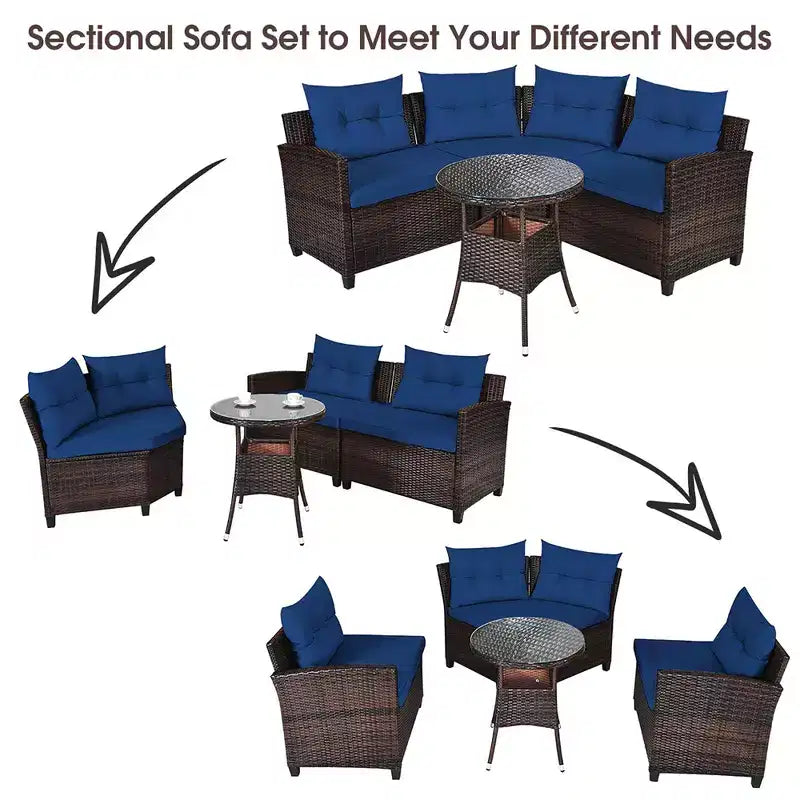 Costway 4-teiliges Outdoor-Patio-Rattanmöbel-Set mit gepolstertem Sofa und Tisch in Türkis/Schwarz/Marineblau/Rot