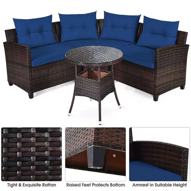 Costway 4-teiliges Outdoor-Patio-Rattanmöbel-Set mit gepolstertem Sofa und Tisch in Türkis/Schwarz/Marineblau/Rot