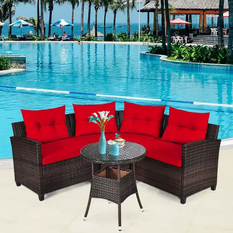 Costway 4-teiliges Outdoor-Patio-Rattanmöbel-Set mit gepolstertem Sofa und Tisch in Türkis/Schwarz/Marineblau/Rot