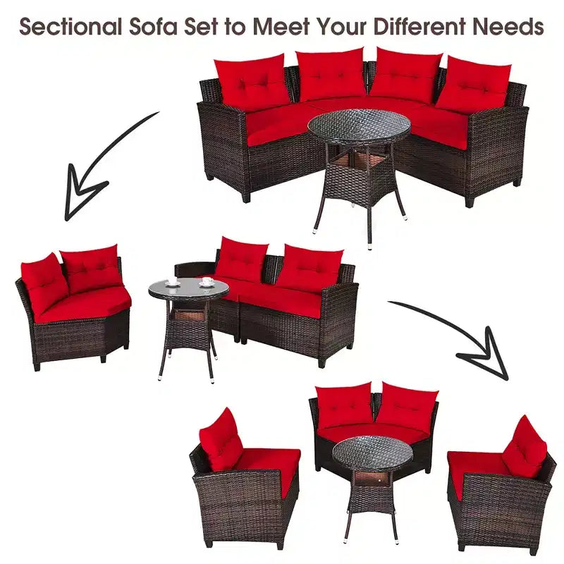 Costway 4-teiliges Outdoor-Patio-Rattanmöbel-Set mit gepolstertem Sofa und Tisch in Türkis/Schwarz/Marineblau/Rot