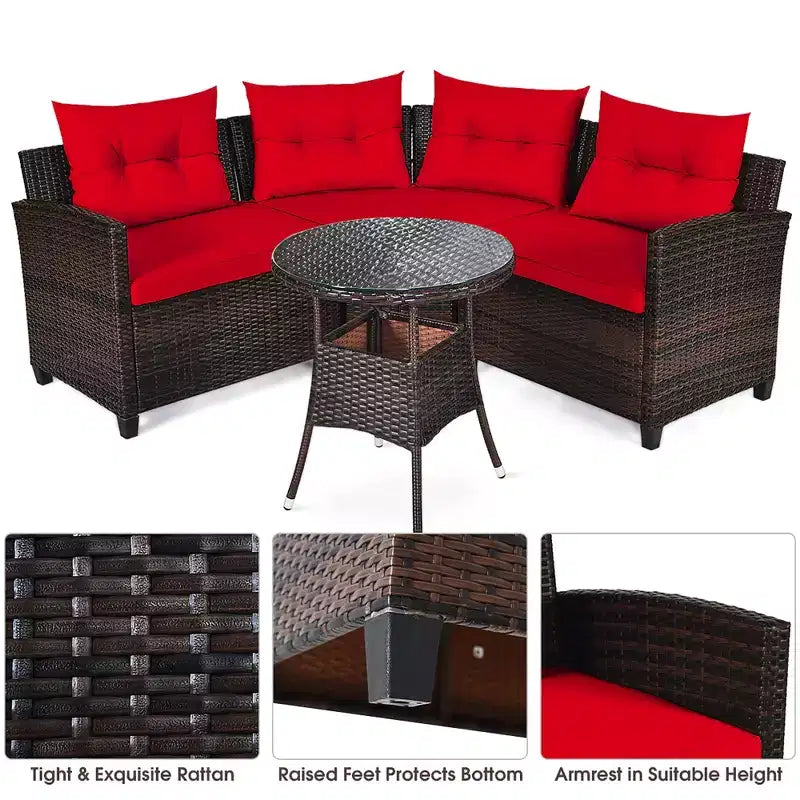 Costway 4-teiliges Outdoor-Patio-Rattanmöbel-Set mit gepolstertem Sofa und Tisch in Türkis/Schwarz/Marineblau/Rot