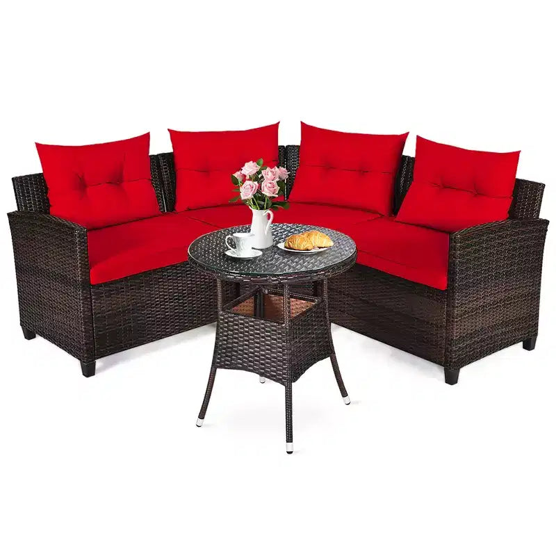 Costway 4-teiliges Outdoor-Patio-Rattanmöbel-Set mit gepolstertem Sofa und Tisch in Türkis/Schwarz/Marineblau/Rot
