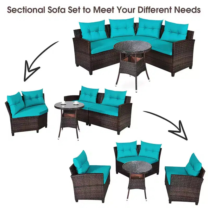 Costway 4-teiliges Outdoor-Patio-Rattanmöbel-Set mit gepolstertem Sofa und Tisch in Türkis/Schwarz/Marineblau/Rot