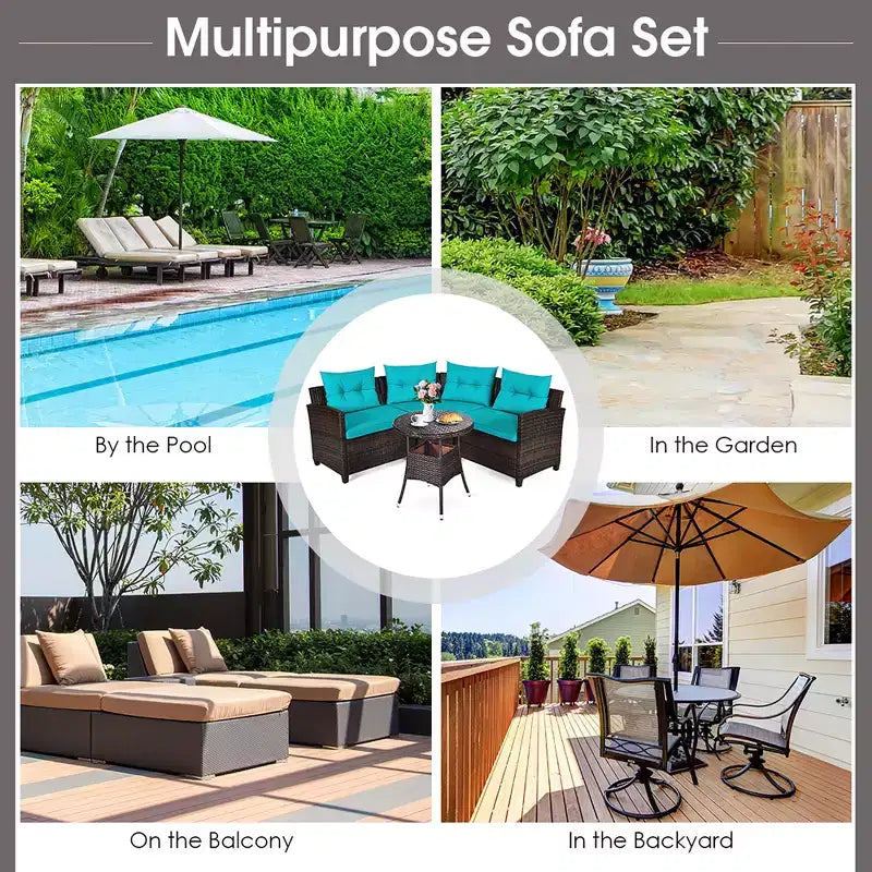 Costway 4-teiliges Outdoor-Patio-Rattanmöbel-Set mit gepolstertem Sofa und Tisch in Türkis/Schwarz/Marineblau/Rot