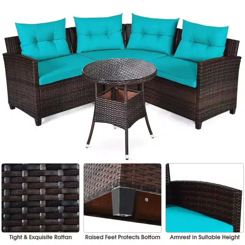 Costway 4-teiliges Outdoor-Patio-Rattanmöbel-Set mit gepolstertem Sofa und Tisch in Türkis/Schwarz/Marineblau/Rot